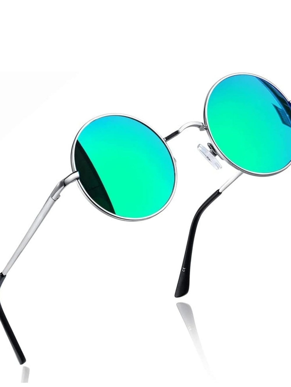 Round Silver Frame Sunglasses with Green-Blue Mirrored Lenses